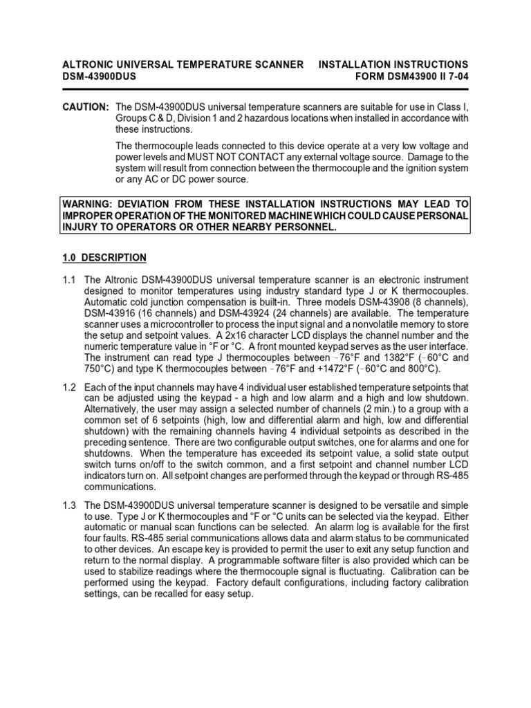 Altronic DSM43900II Installation Instructions (FORM DSM43900) PDF