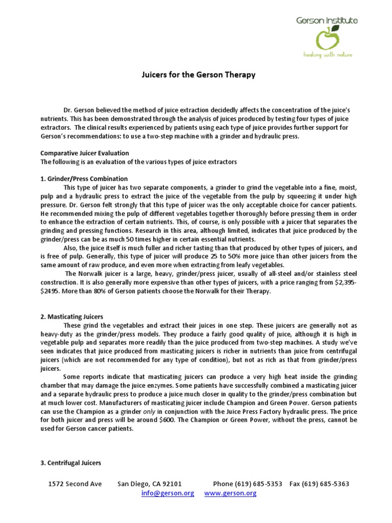 Juicers For The Gerson Therapy PDF Juice Diet & Nutrition