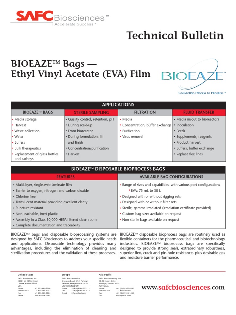 SAFC Biosciences Technical Bulletin BIOEAZE Bags Ethyl Vinyl