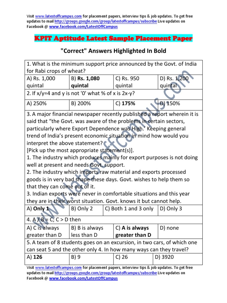 Kpit Sample Aptitude Placement Paper Download Free Pdf Test