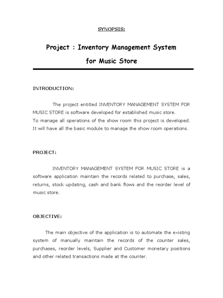 Project Inventory Management System For Music Store Synopsis Pdf