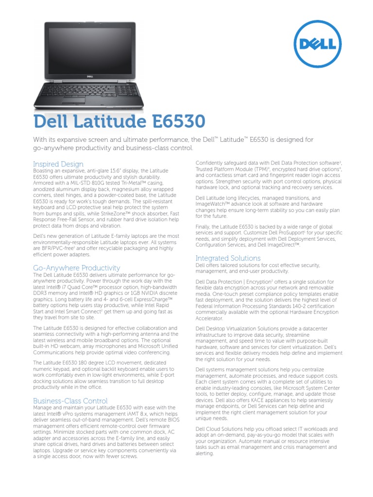 Dell Latitude e6530 Spec Sheet | Laptop | Solid State Drive