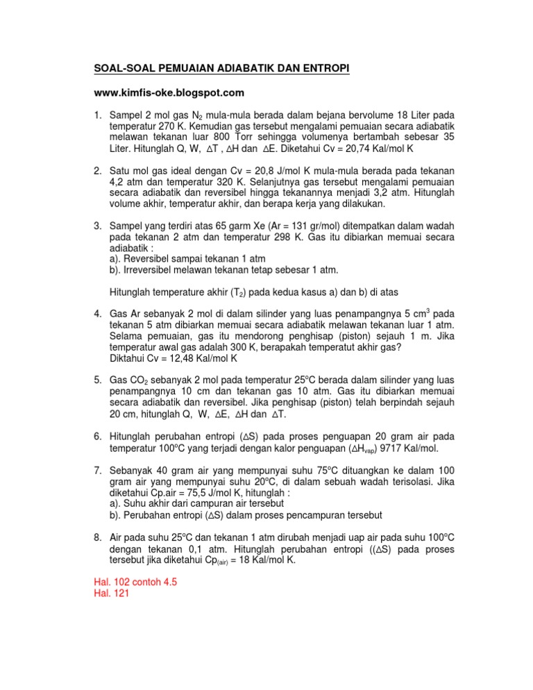 Soal Soal Adiabatik Dan Entropi