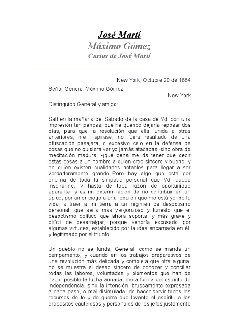 Carta de José Martí A Máximo Gómez 20 de Octubre de 1884 PDF Alma