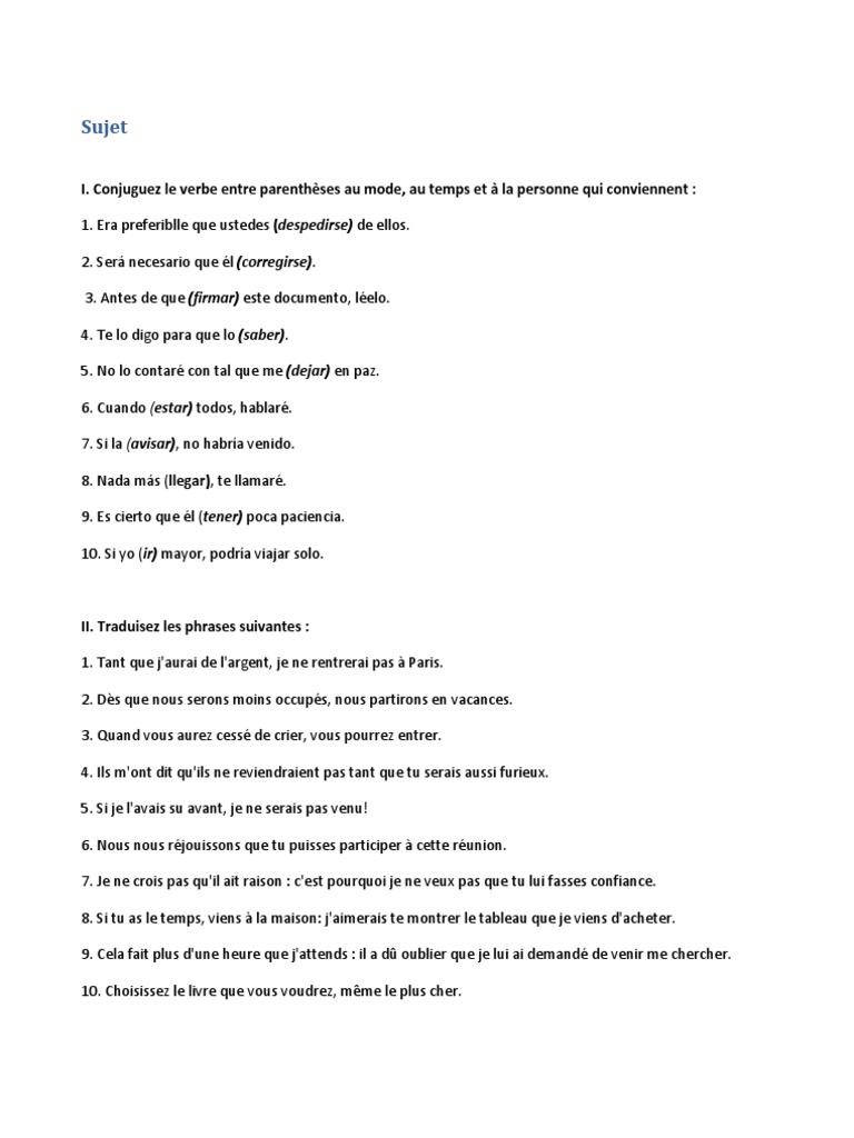 L heure En Espagnol Exercices Pdf LLCE Espagnol Conjugaison Exercice | PDF | Grammaire | Morphologie  linguistique