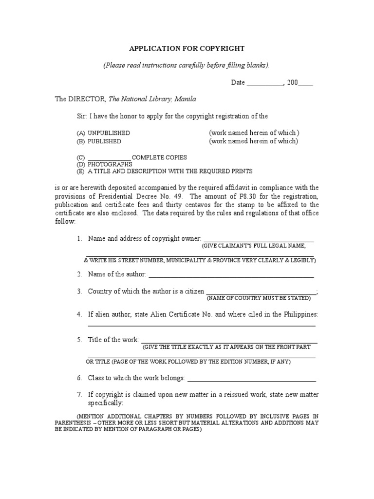 Application for Copyright Affidavit Copyright