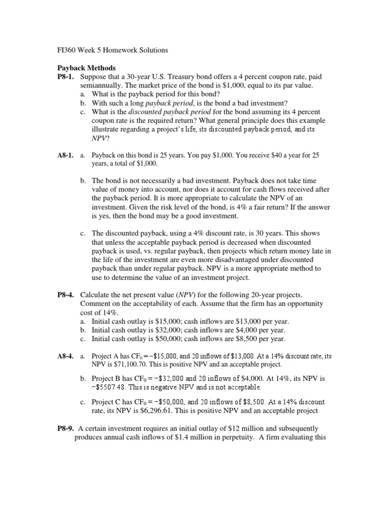 Week 5 Homework Solutions: Finance Analysis | PDF | Net Present Value ...