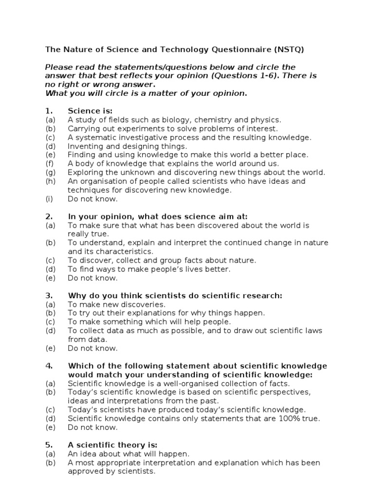 The Nature of Science and Technology Questionnaire | PDF | Science ...