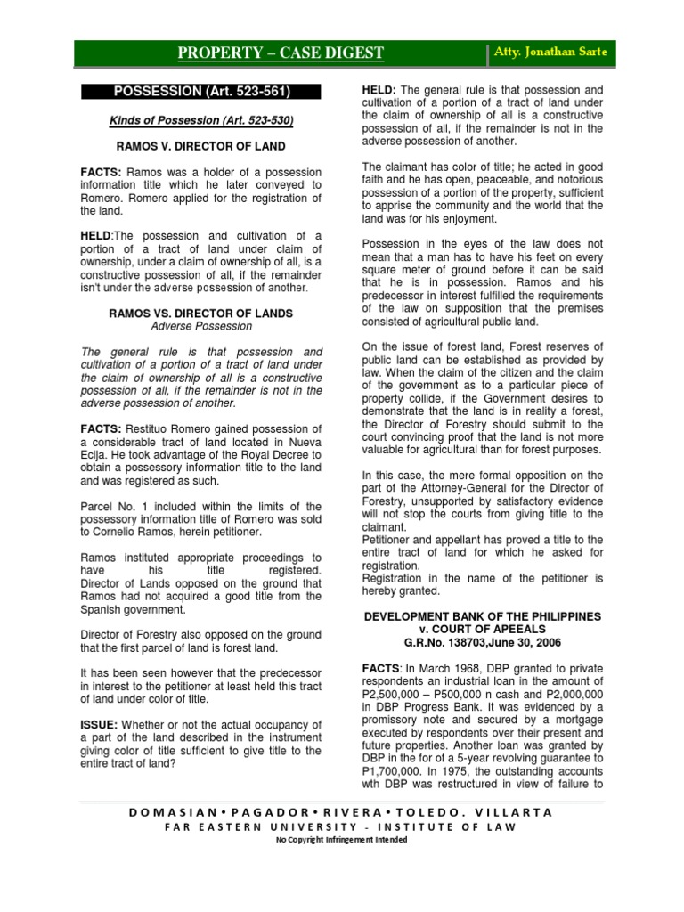 Property Case Digest: Possession Laws | PDF | Adverse Possession ...