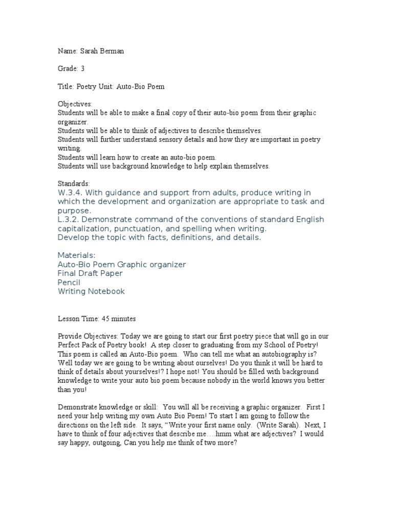 Poetry Unit Auto Bio Poem Lesson Plan Learning