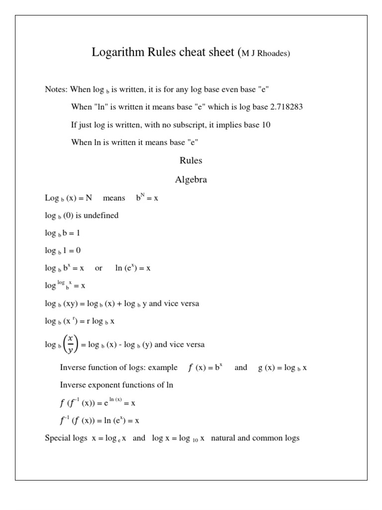 Logarithm Cheat Sheet