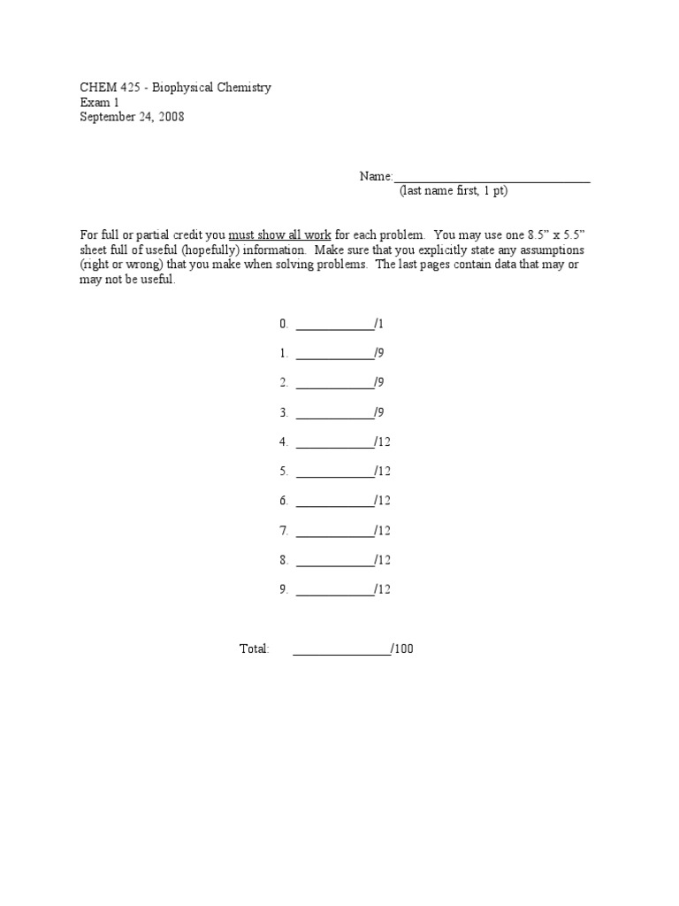 Chem 425 Exam 1 Fall 08 | PDF | Teaching Methods & Materials