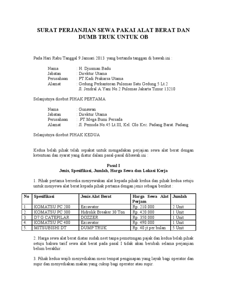 Surat Perjanjian Sewa Alat Berat