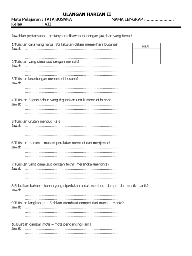 Ulangan Harian 2 Tata Busana Kelas VII
