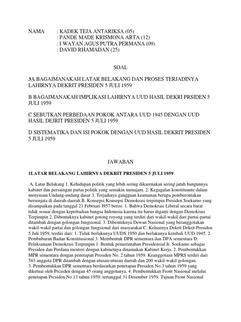 3a Bagaimanakah Latar Belakang Dan Proses Terjadinya Lahirnya Dekrit Presiden 5 Juli 1959 Pdf