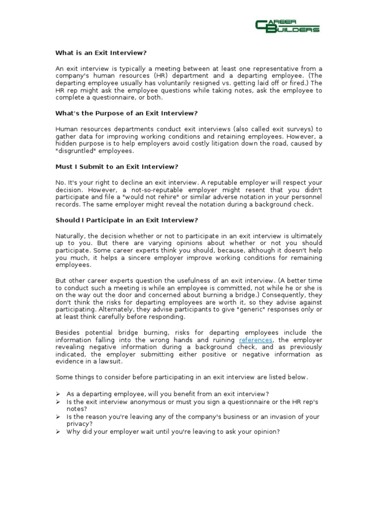 Overview on exit interview with sample questions human resource 