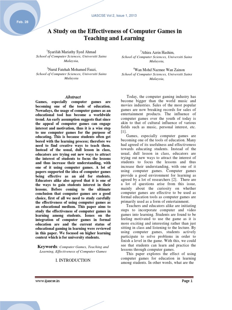 Effectiveness of Computer Games in Education | PDF | Learning Styles ...