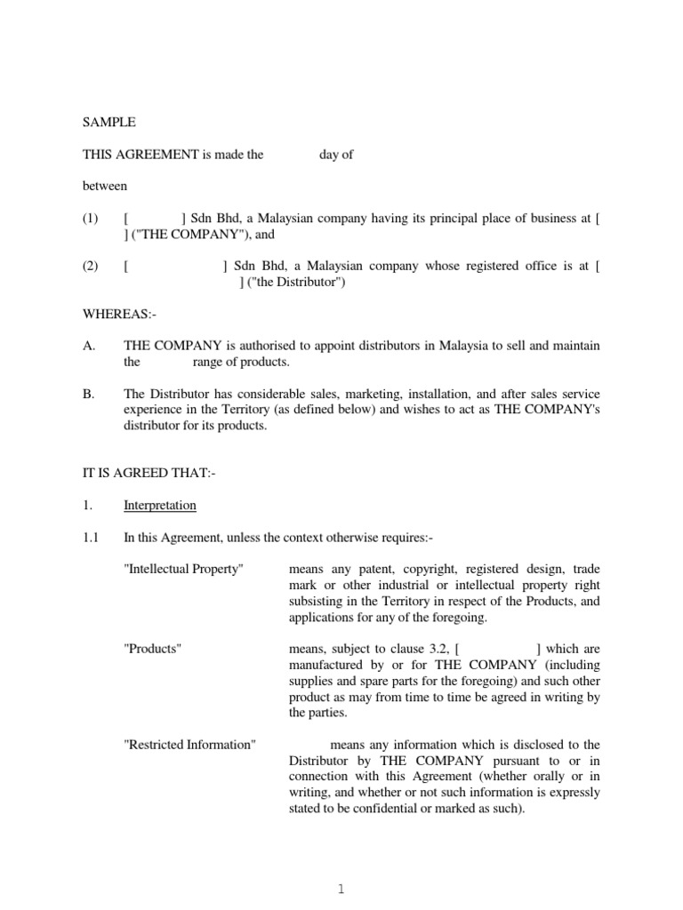 Distributor Agreement Sample PDF Law Of Agency Sales