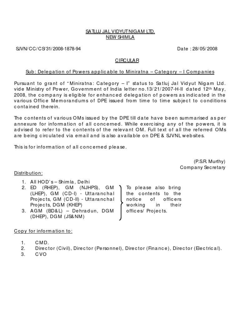 Delegation Of Powers As Per DPE Guidelines PDF Joint Venture