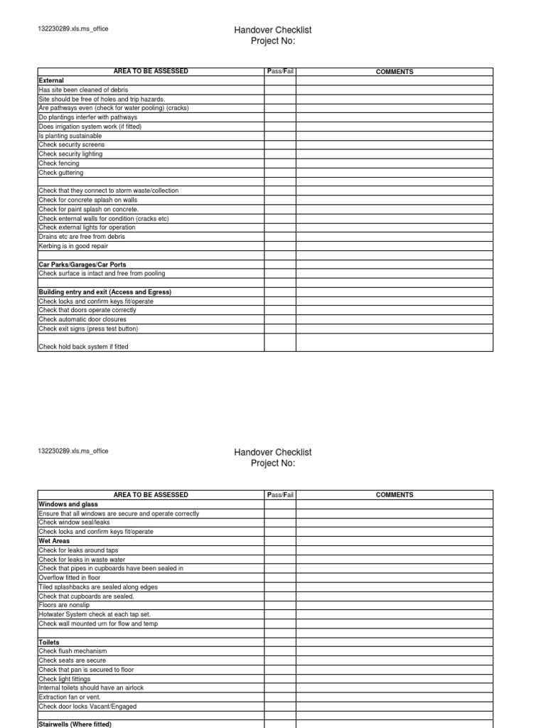 6 - 370 Handover Checklist Template 100420 | PDF | Door | Toilet