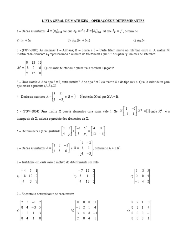 Exercícios de Matrizes e Determinantes | PDF | Determinante | Matriz ...