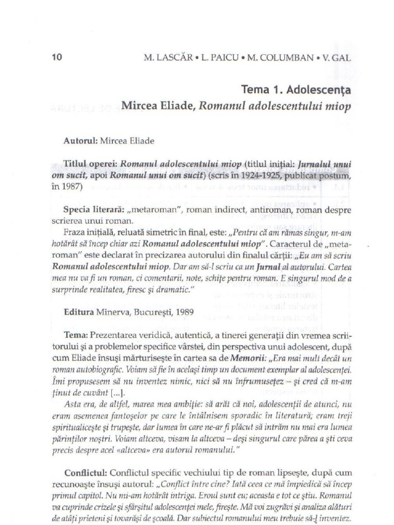 Romanul Adolescentului Miop Fisa De Lectura Adolescenta - Romanul Adolescentului Miop, Mircea Eliade | PDF
