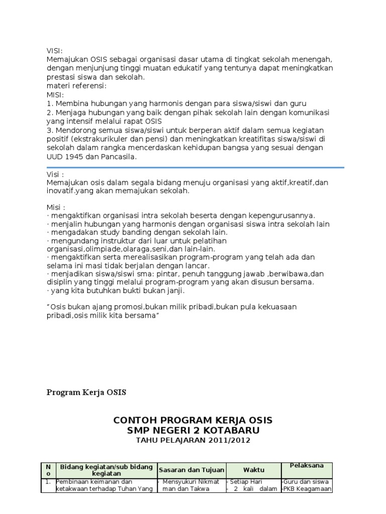 Contoh Visi Misi Dan Program Kerja Calon Ketua Osis