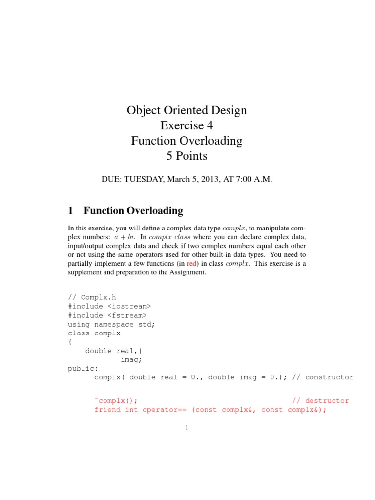 Object Oriented Design Exercise 4 Function Overloading 5 Points | PDF ...
