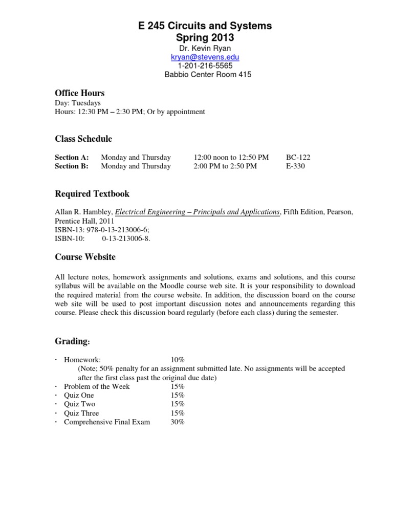 E245 Circuits and Systems Syllabus | PDF | Electrical Network ...