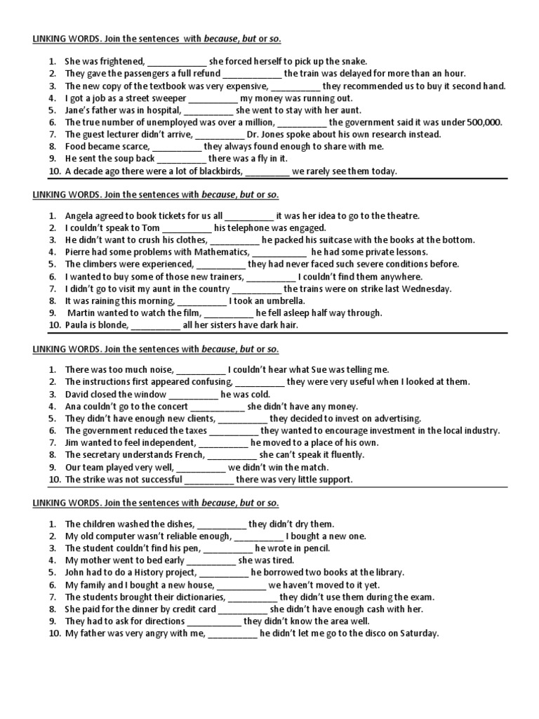 Linking Words Exercise: Because, But, So | PDF | Language Arts & Discipline