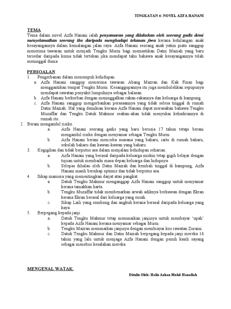 Nota Lengkap-Novel Azfa Hanani Tingkatan 4 | PDF | Fiksi Misteri ...