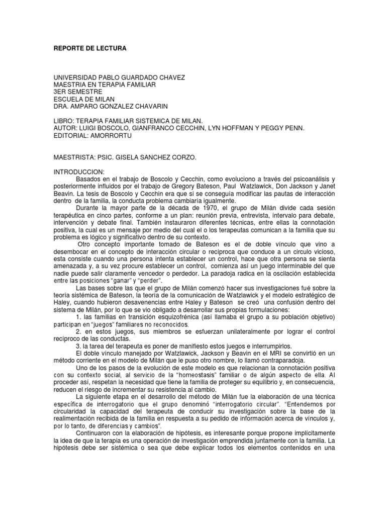 REPORTE terapia familiar sistémica de Milán Familia Información