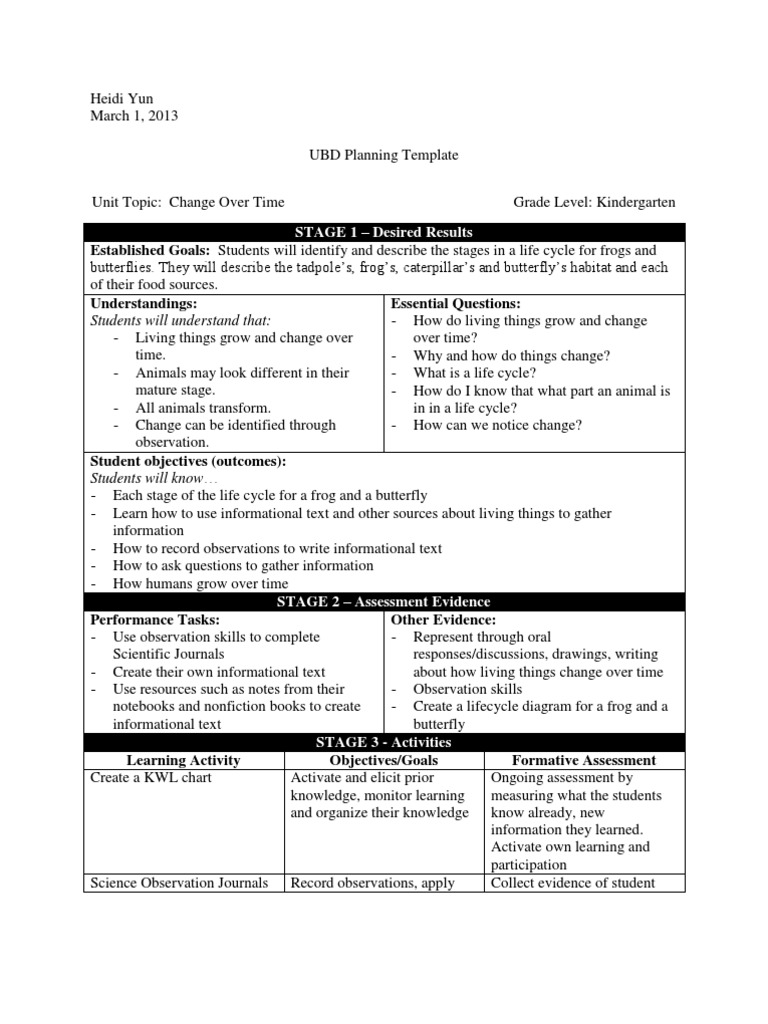 UBD Planning Template PDF Product Lifecycle Observation