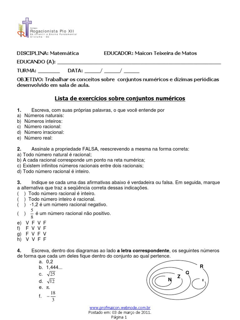 Conjuntos Numéricos - Lista de Exercicios1 | PDF | Números | Número ...