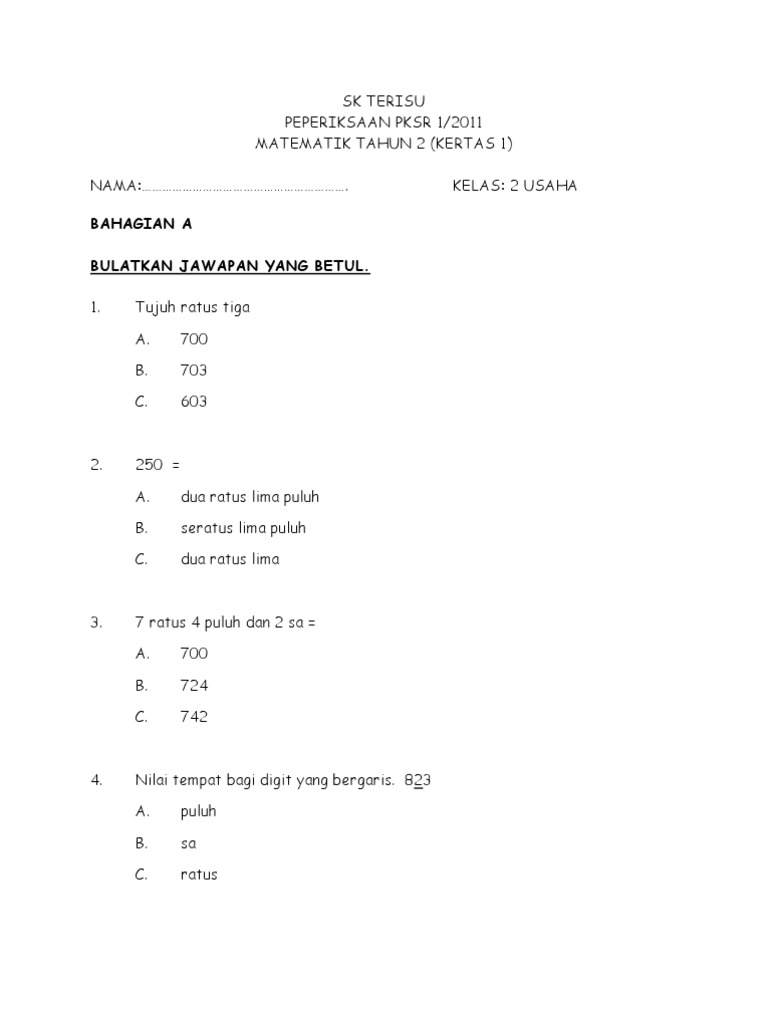 Kertas Peperiksaan Matematik Tahun 2 Pdf