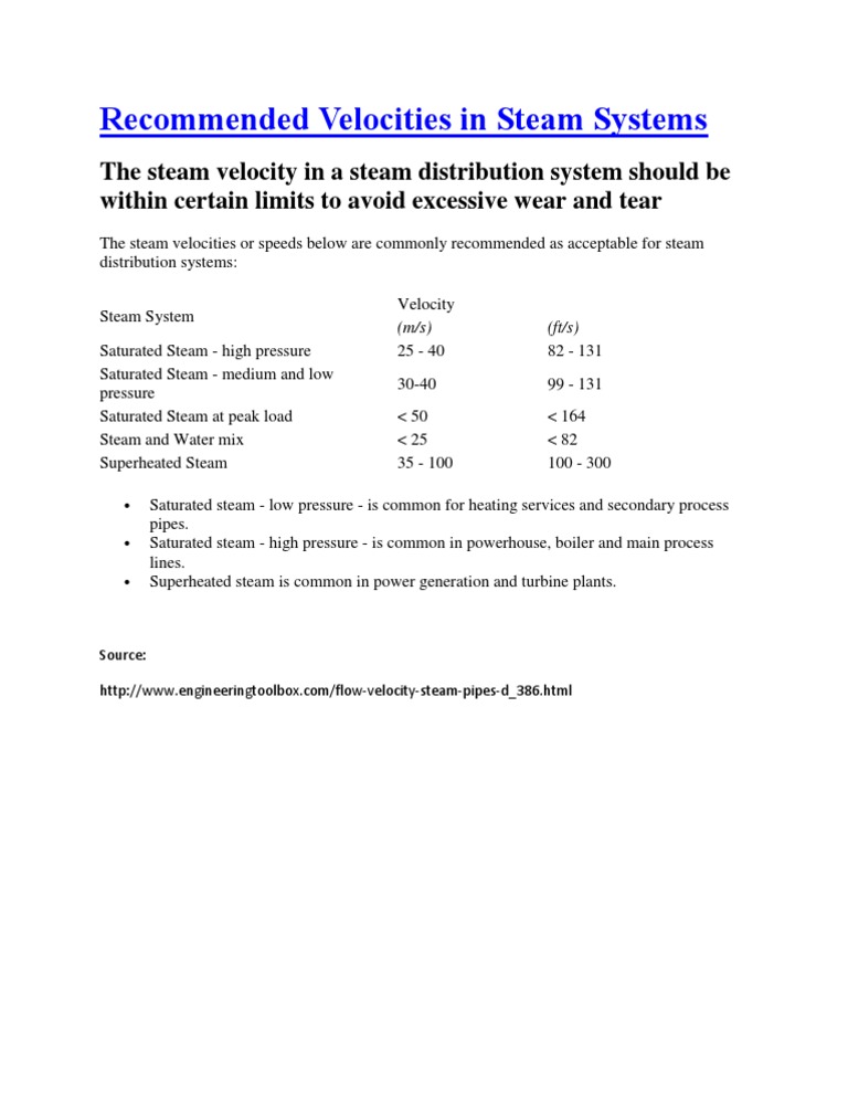 Recommended Steam Piping Velocities 2 | PDF