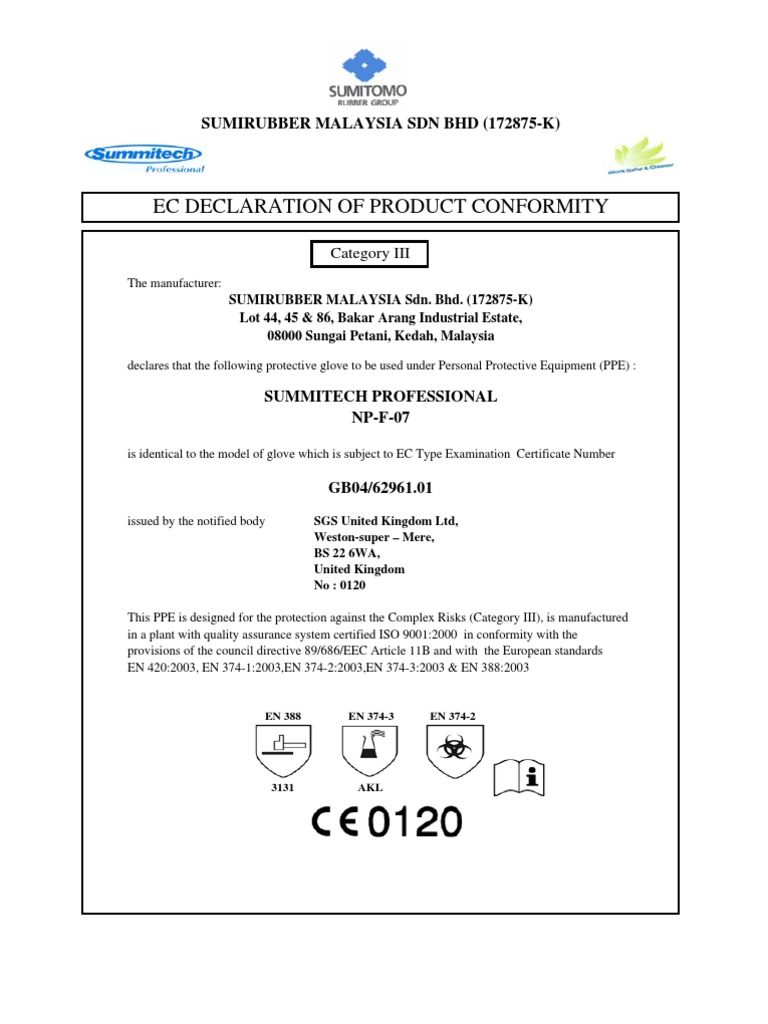 EC Declaration for Protective Gloves | PDF