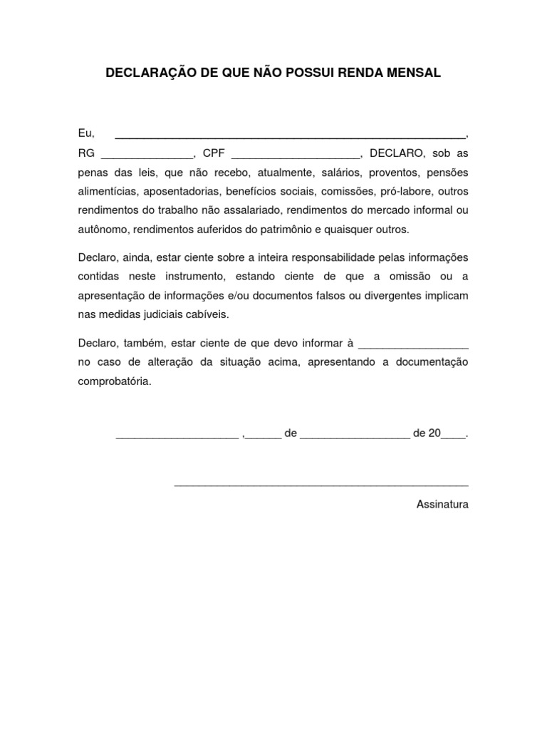 DECLARA O N O POSSUI RENDA MENSAL Modelo