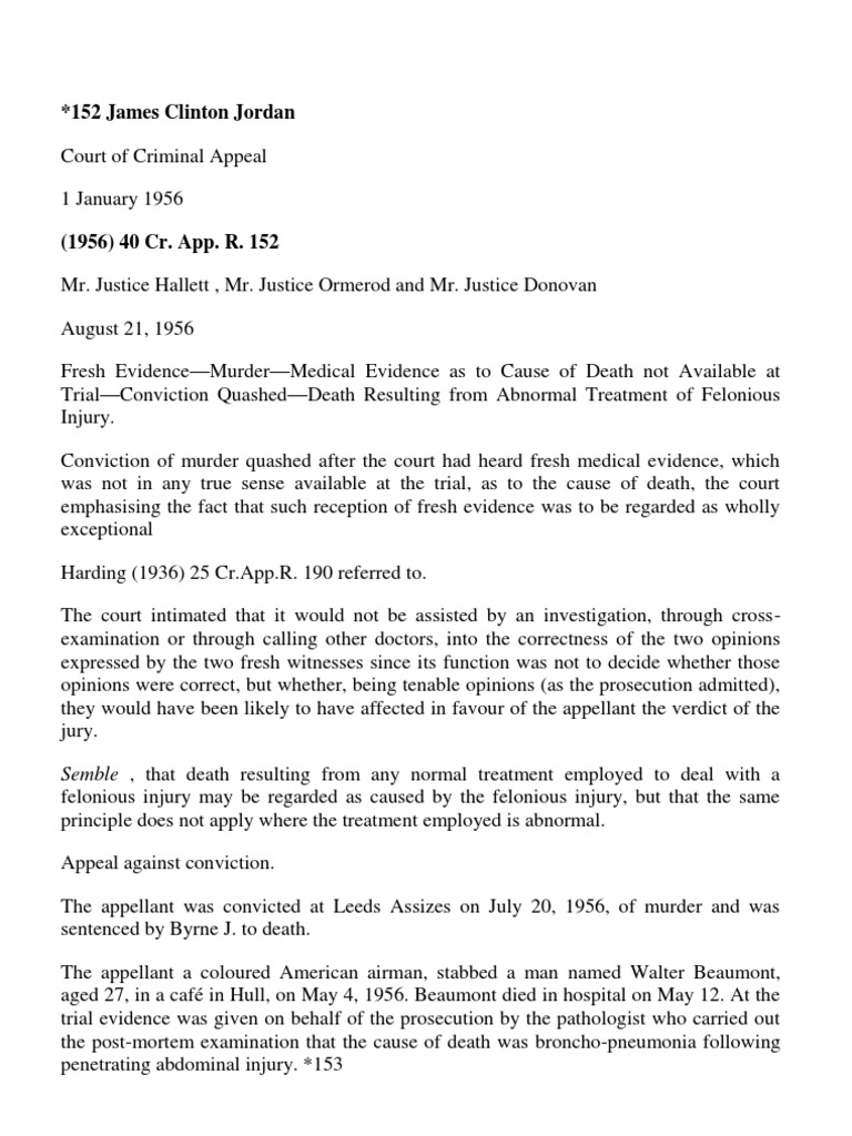 R V Jordan 1956 PDF Evidence Pneumonia