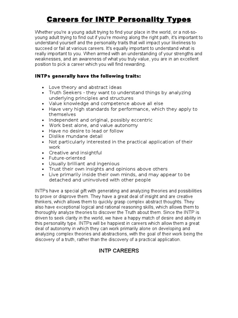 Top careers for analytical INTP personality types | PDF ...