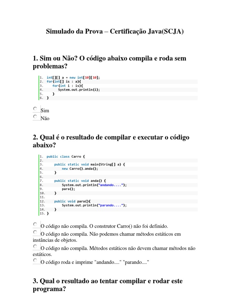 Simulado Da Prova Java | PDF | Java (linguagem de programação) | Compilador