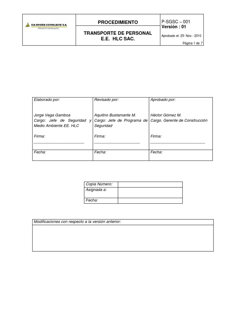 001. Procedimiento de Transporte de Personal Autobús Seguro