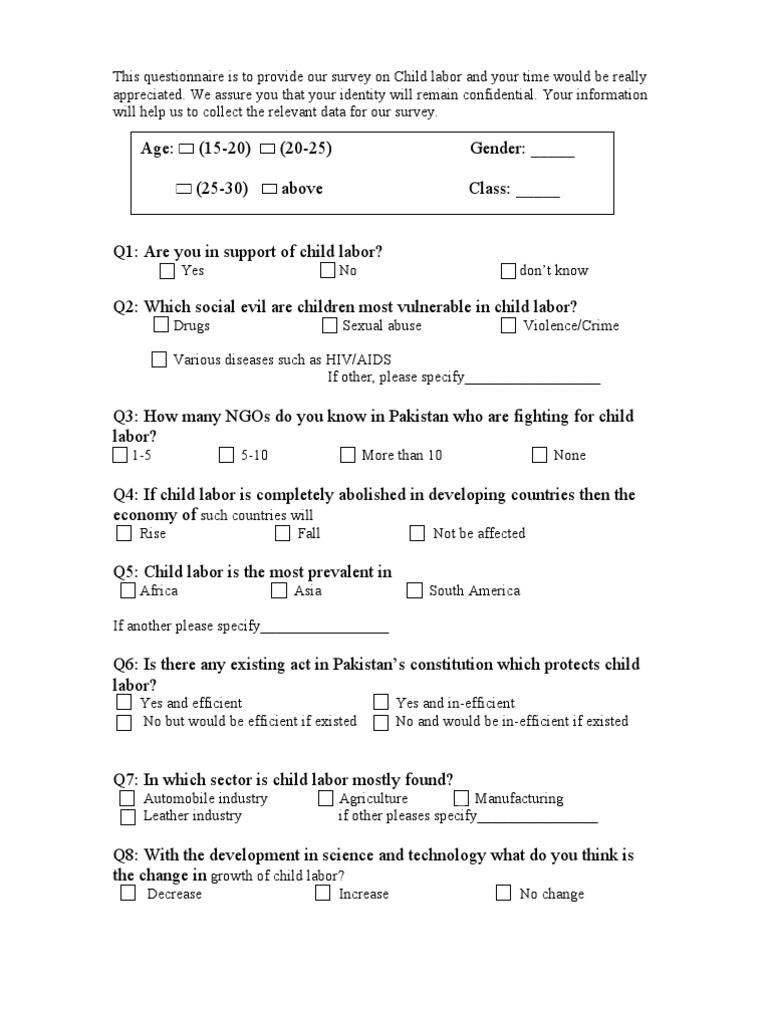 Child Labor Questionnaire Child Labour Labour Economics
