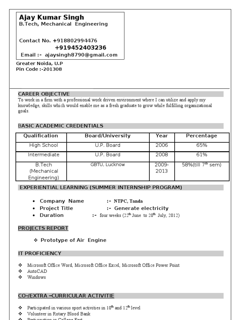 Ajay Kumar Singh Resume: Mech Engg Graduate | PDF
