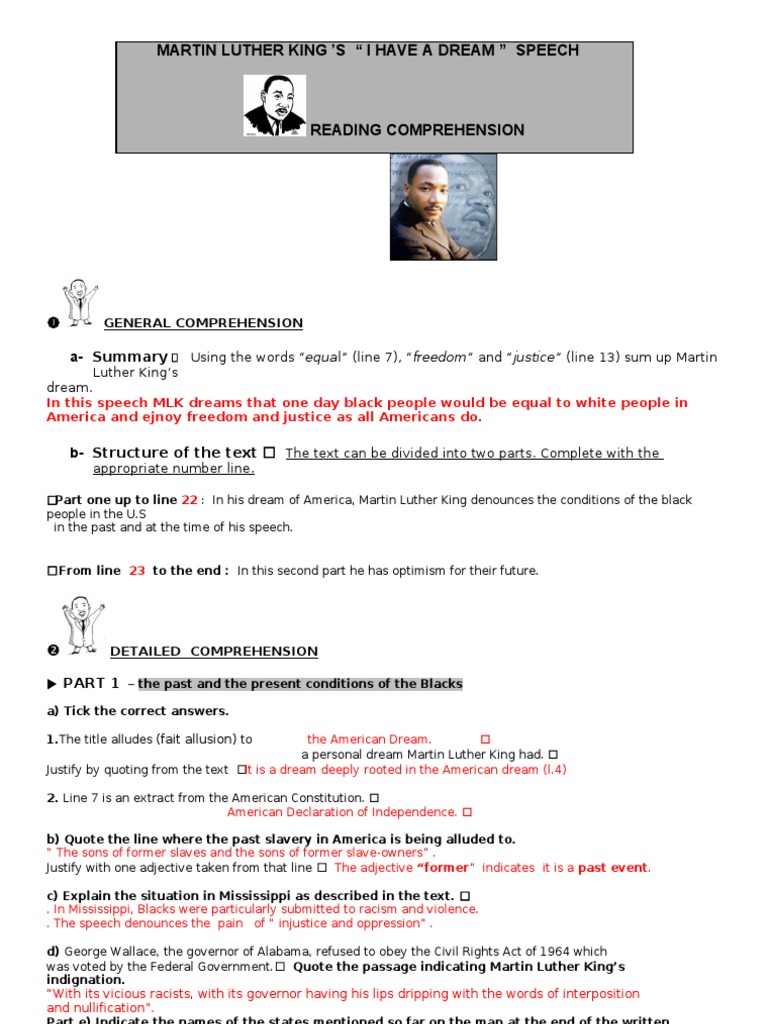 I Have A Dream READING Worksheet Answer Key  PDF  Martin Luther Within I Have A Dream Worksheet