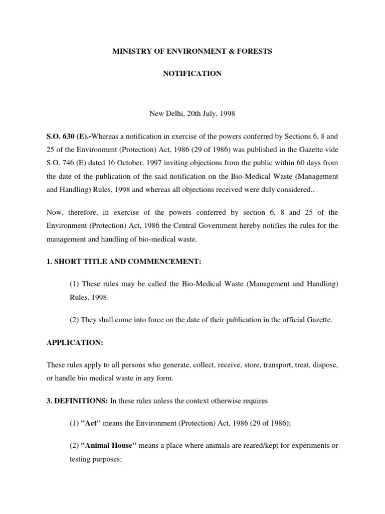 BioMedical Waste (Management and Handling) Rules, 1998. PDF