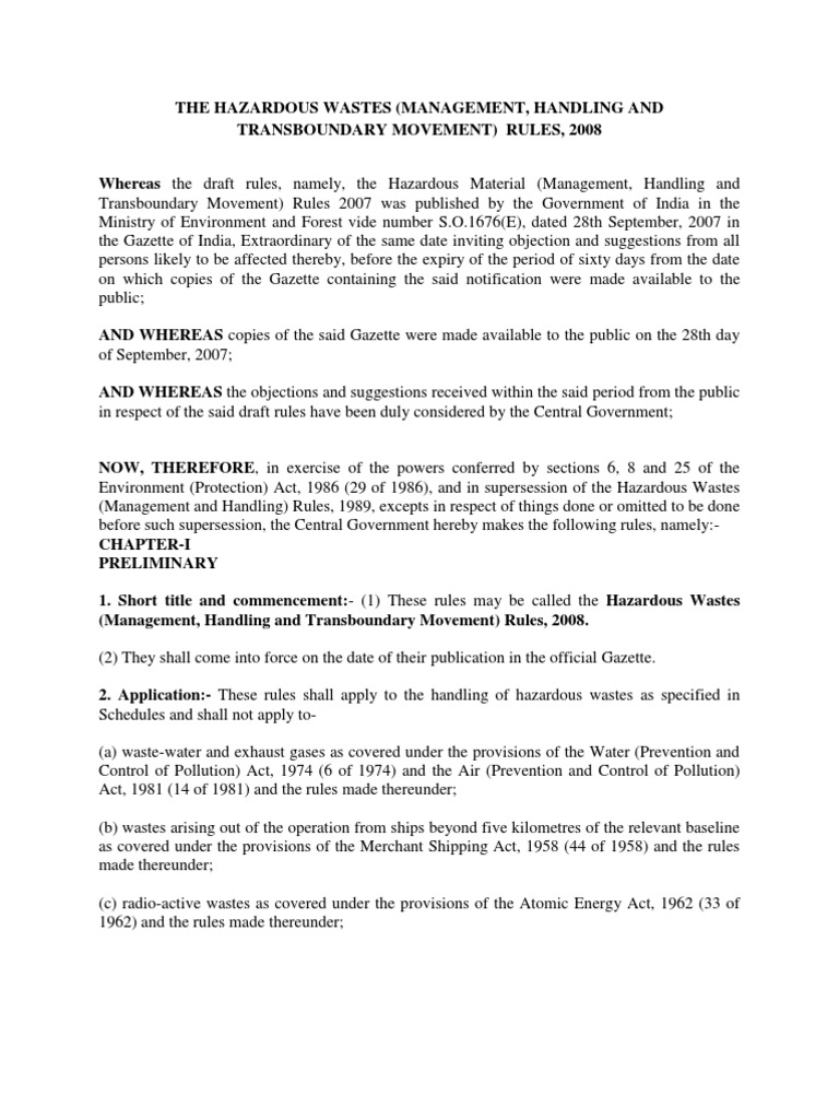 Hazardous Wastes (Management, Handling and Transboundary Movement