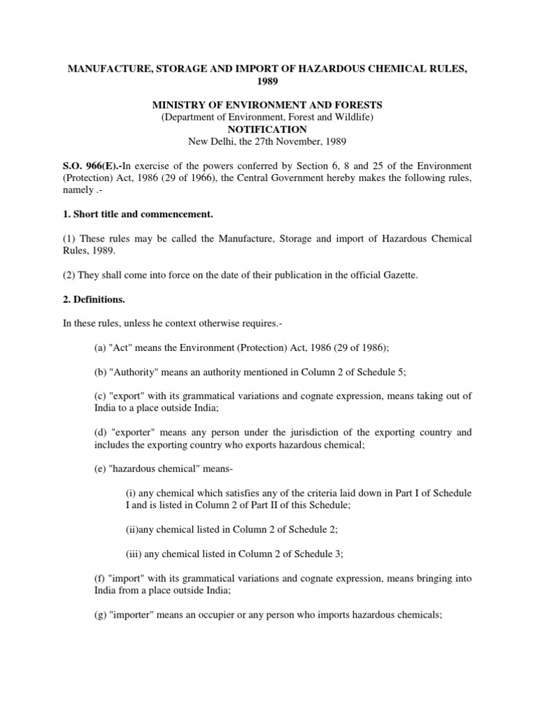 Manufacture, Storage and Import of Hazardous Chemicals Rules, 1989