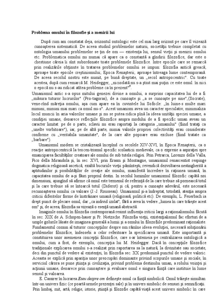 Problema Omului În Filozofie Şi A Menirii Lui | PDF