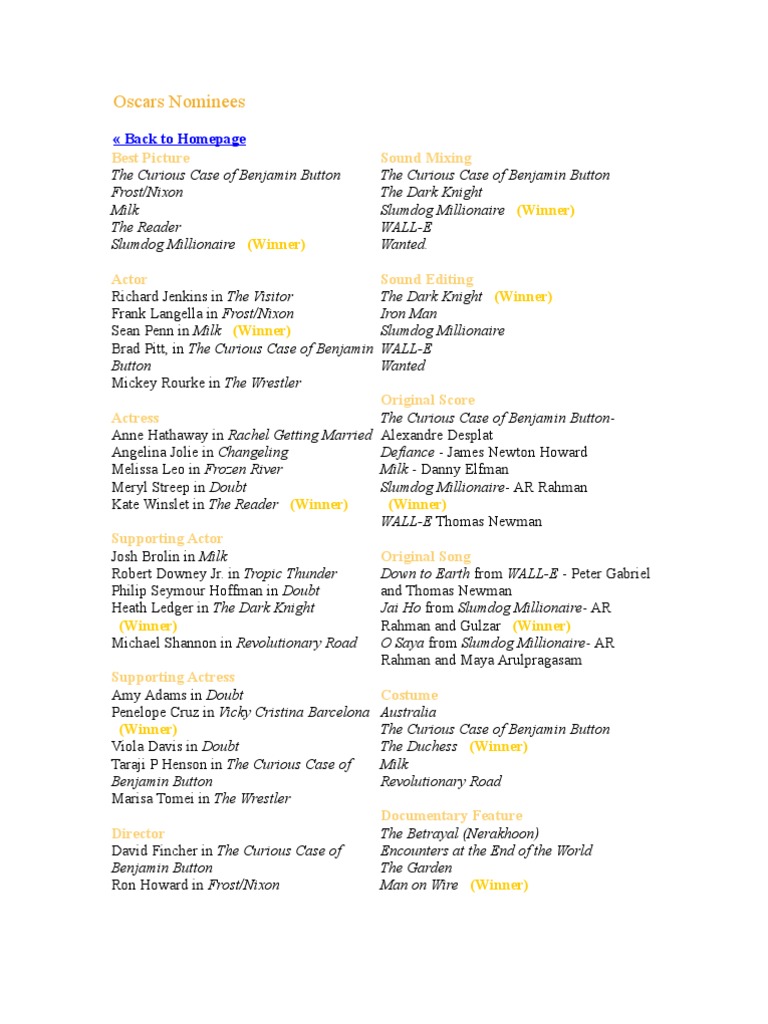 Oscars Nominees &amp; Winners | PDF